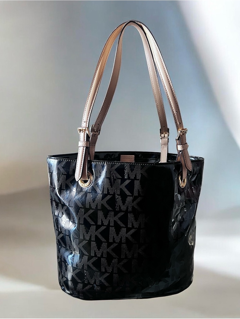 Michael Kors Jet Set Patent Leather Tote Black MK Logo Shoulder Bag Excellent